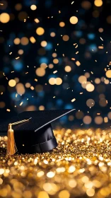 Graduation mortarboard on glitter field with defocused bokeh.
