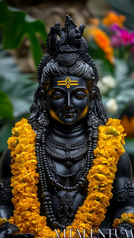 Black stone Shiva statue adorned with vivid yellow marigolds.