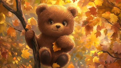 Cute plush bear in glowing autumn forest canopy.