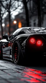 Low-angle view shows black sports car with red LED taillights