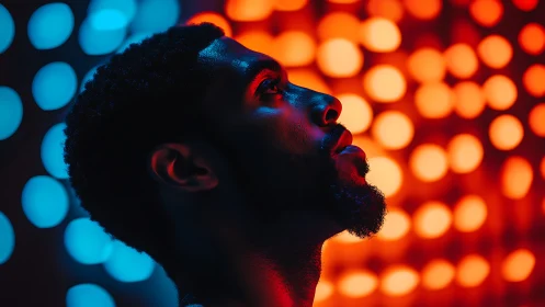 Profile portrait captures subject under dual colored bokeh lighting