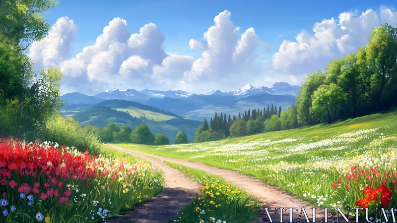 Sunlit meadow path strolling toward whispering blue mountains.