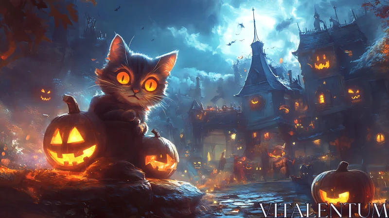 Black Cat with Glowing Eyes Among Halloween Jack-O'-Lanterns.