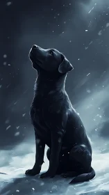 Digital painting of black dog in moonlit snow chiaroscuro scene.