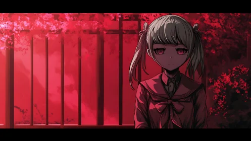Schoolgirl stands against red fence in dramatic anime lighting