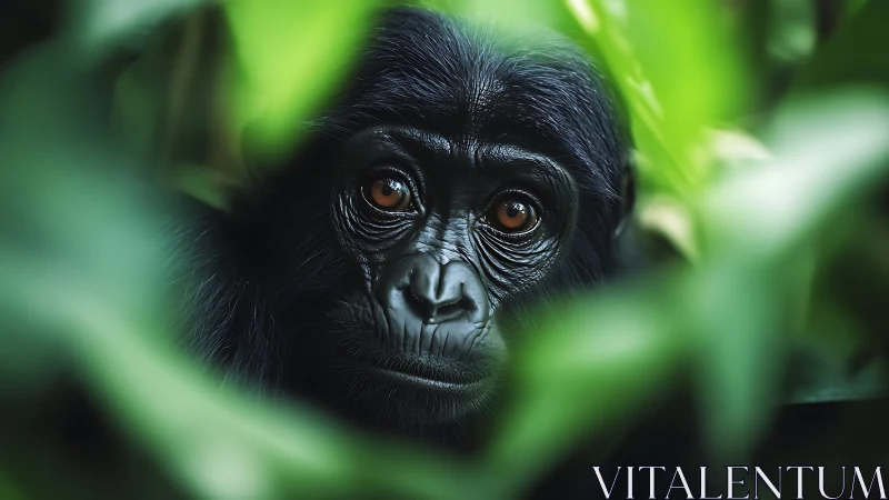 Gentle young gorilla gazes softly through lush green leaves