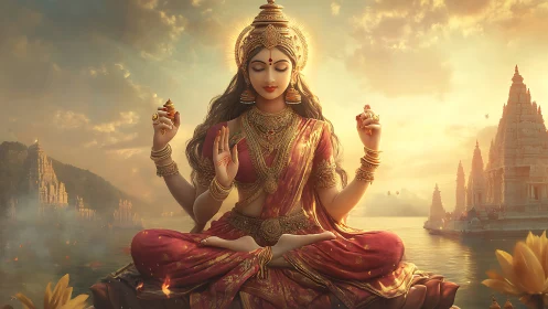 Digital painting of serene four armed goddess in temple sunset.