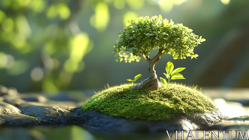 Miniature bonsai tree glows over vivid moss island.