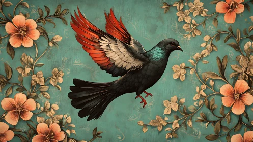 Elegant pigeon in flight with vibrant wings, vintage floral art.