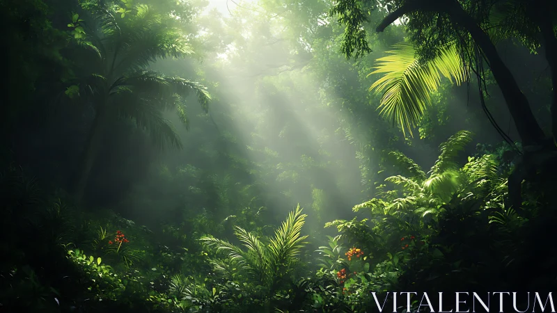 Tropical Rainforest Canopy With Golden Sunlight Filtering Through Dense Foliage