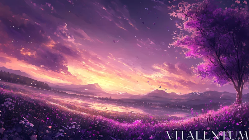 Digital landscape depicts lavender field under sunset sky
