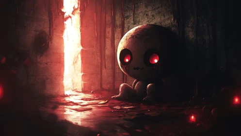 Chibi skull creature in bloodlit concrete corridor, red glow