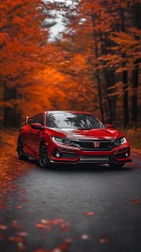 Photorealistic red sport sedan in autumn forest perspective.