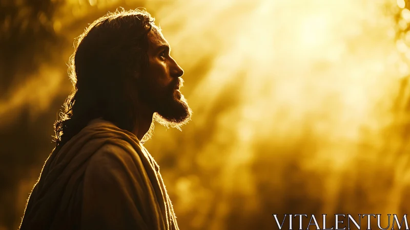 Bearded robed man gazes toward radiant golden sunlight