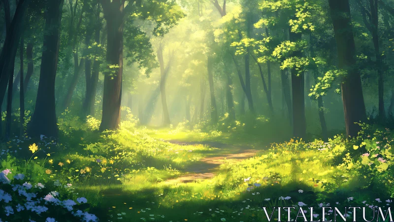 Sunlit Forest Path with Atmospheric Light Rays and Spring Blooms