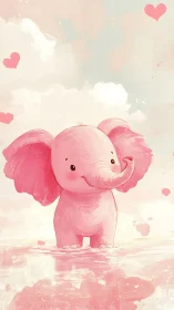 Cute pink baby elephant in soft pastel heart backdrop.