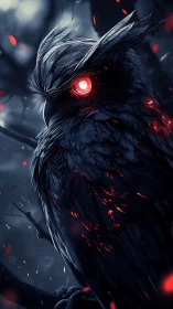 Digital rendering shows a stylized owl with luminous red eye