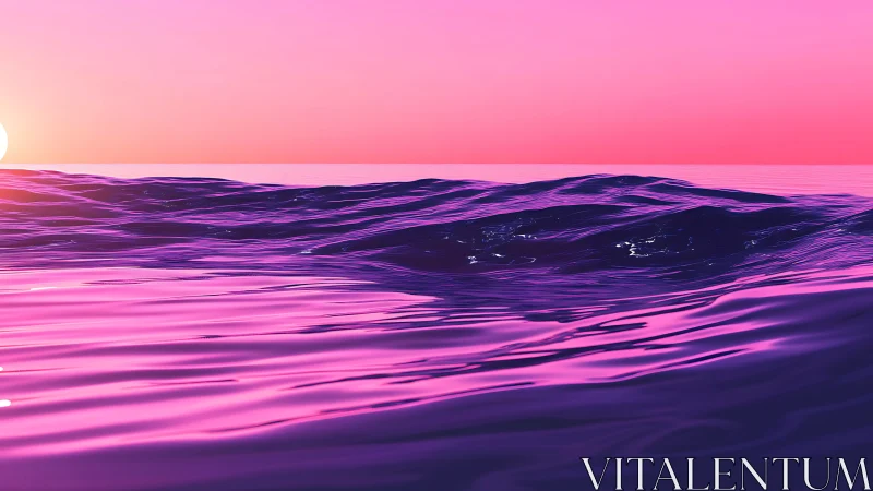 Pink horizon over stylized violet ocean waves at sunset.