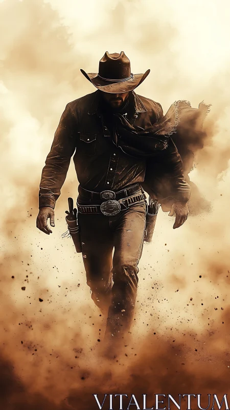 Duststorm cowboy strides forward like a walking wildfire