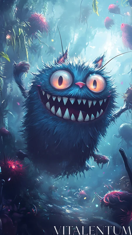 Playful blue monster grinning wide in a glowing forest.