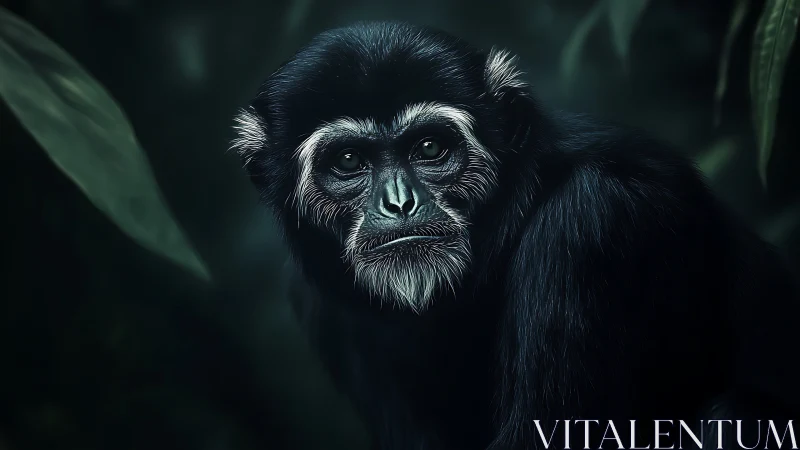 Black-furred primate portrait in dense green forest habitat.