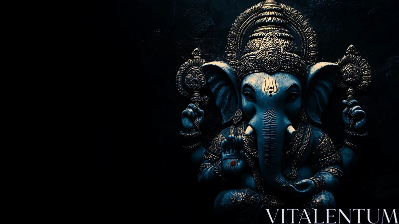 Lord Ganesha glows in intricate blue relief against darkness.