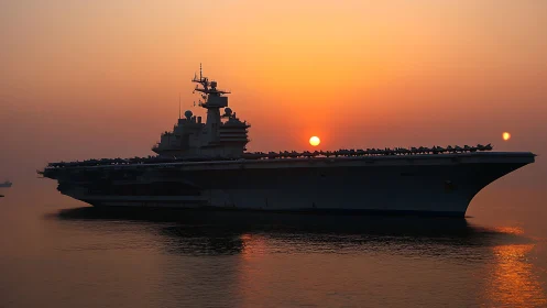 Aircraft carrier silhouette cuts calm sea at vivid sunset