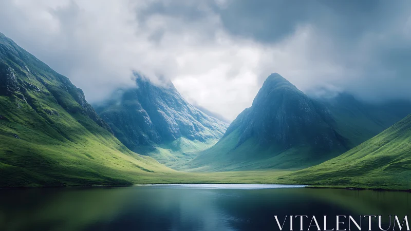 Mist-covered green mountains reflected in calm lake surface.