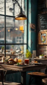 Morning meal setup on wooden caf&eacute; table by large window.