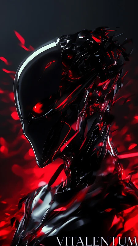 Black chrome humanoid figure glows with internal red light