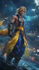 Storm-forged warrior strides through luminous tidal surge.