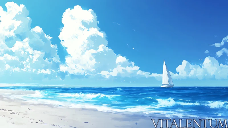 Coastal panorama with lone white sailboat and cumulus sky