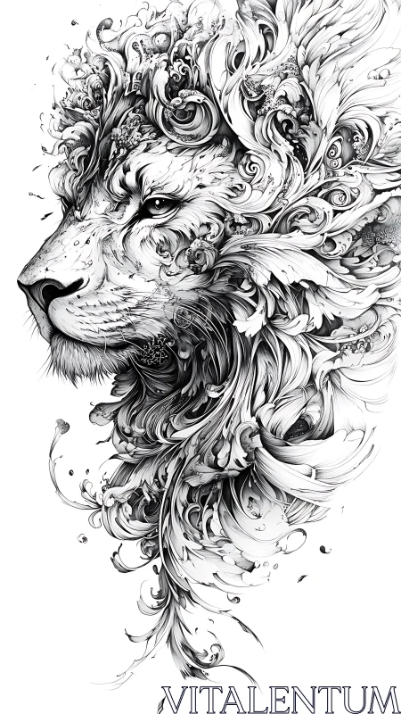 Lion portrait merges baroque linework and fluid motion.