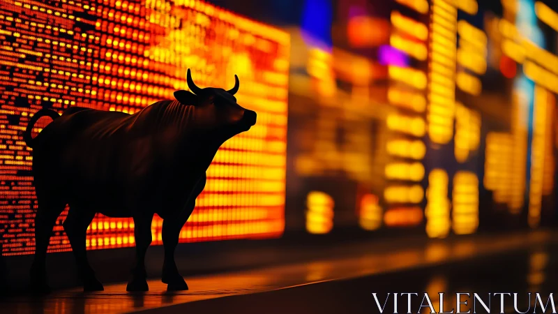 Bullish silhouette prowls beneath neon market numbers
