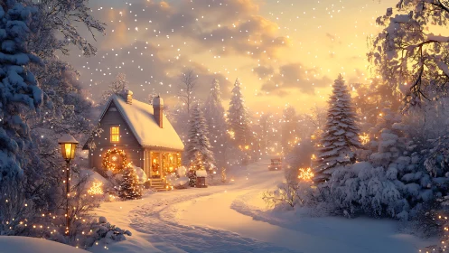 Snow-laden cottage and winding road under warm dusk illumination