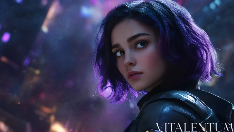 Cyberpunk girl with purple hair in neon city nightscape.