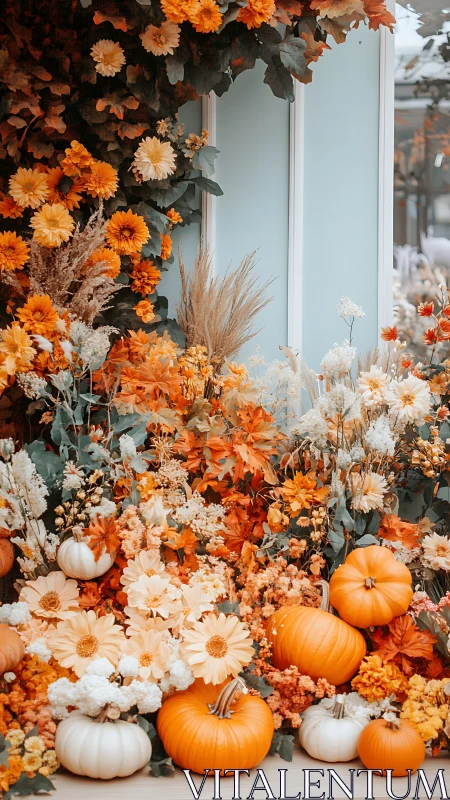 Chromatic autumn display: dichromatic floral arrangement with gerbera and pumpkin elements against m