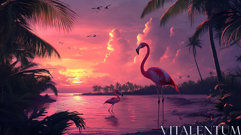 Flamingos stand in shallow tropical water at sunset