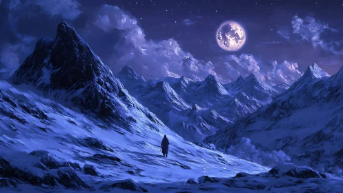 Lone moonwalker crossing cobalt haunted mountain hush.