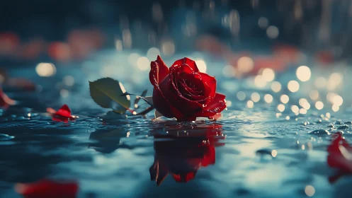 Red Rose Submerged in Water with Bokeh Light.