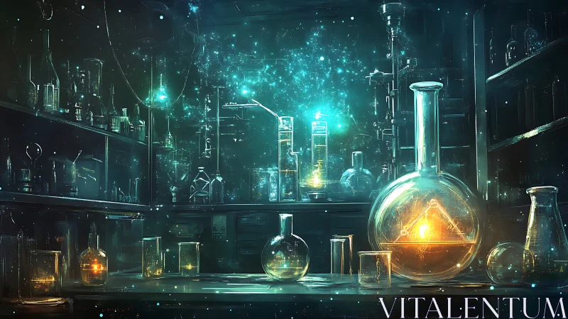 Glowing arcane laboratory with alchemical glassware scene.