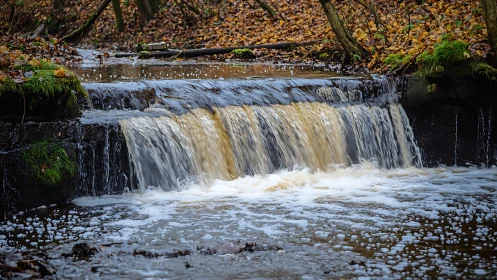 Low-head woodland weir with turbulent autumn stream dynamics.