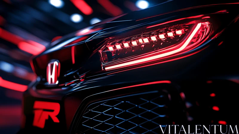 Red-lit Honda front fascia in cinematic close-up profile.