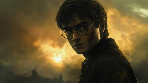 Stormlit young wizard turns toward fate in burning skies