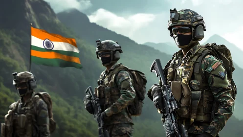 Modern soldiers stand armed before Indian flag in mountains