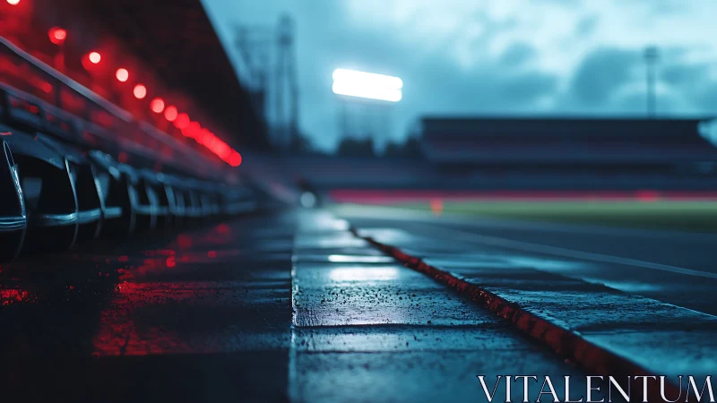 Moody stadium track glows softly under calm evening lights