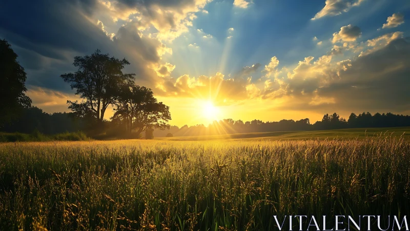 Photorealistic sunrise over meadow with dramatic radial lightscape.