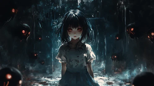Dark anime girl in ruined room with red eyed spirits.