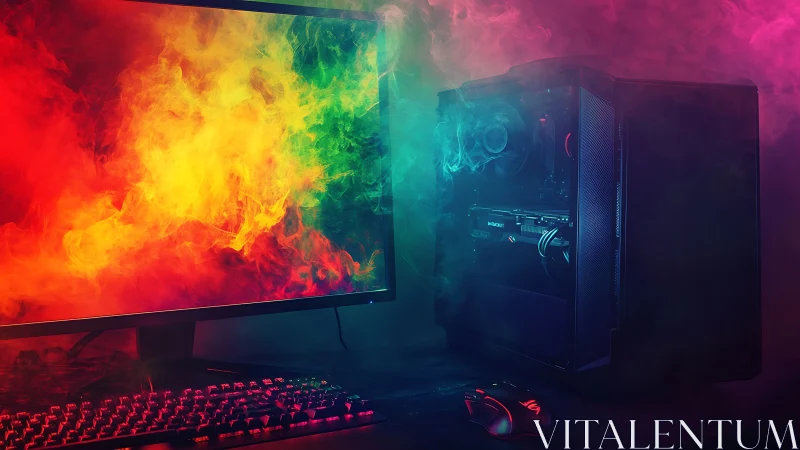 RGB gaming desktop with colorful monitor smoke effect.