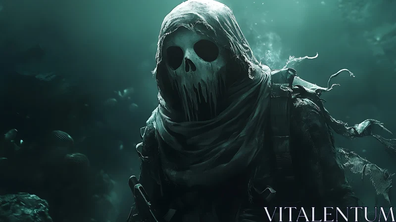 Hooded skeletal figure stands submerged in dim aquatic light